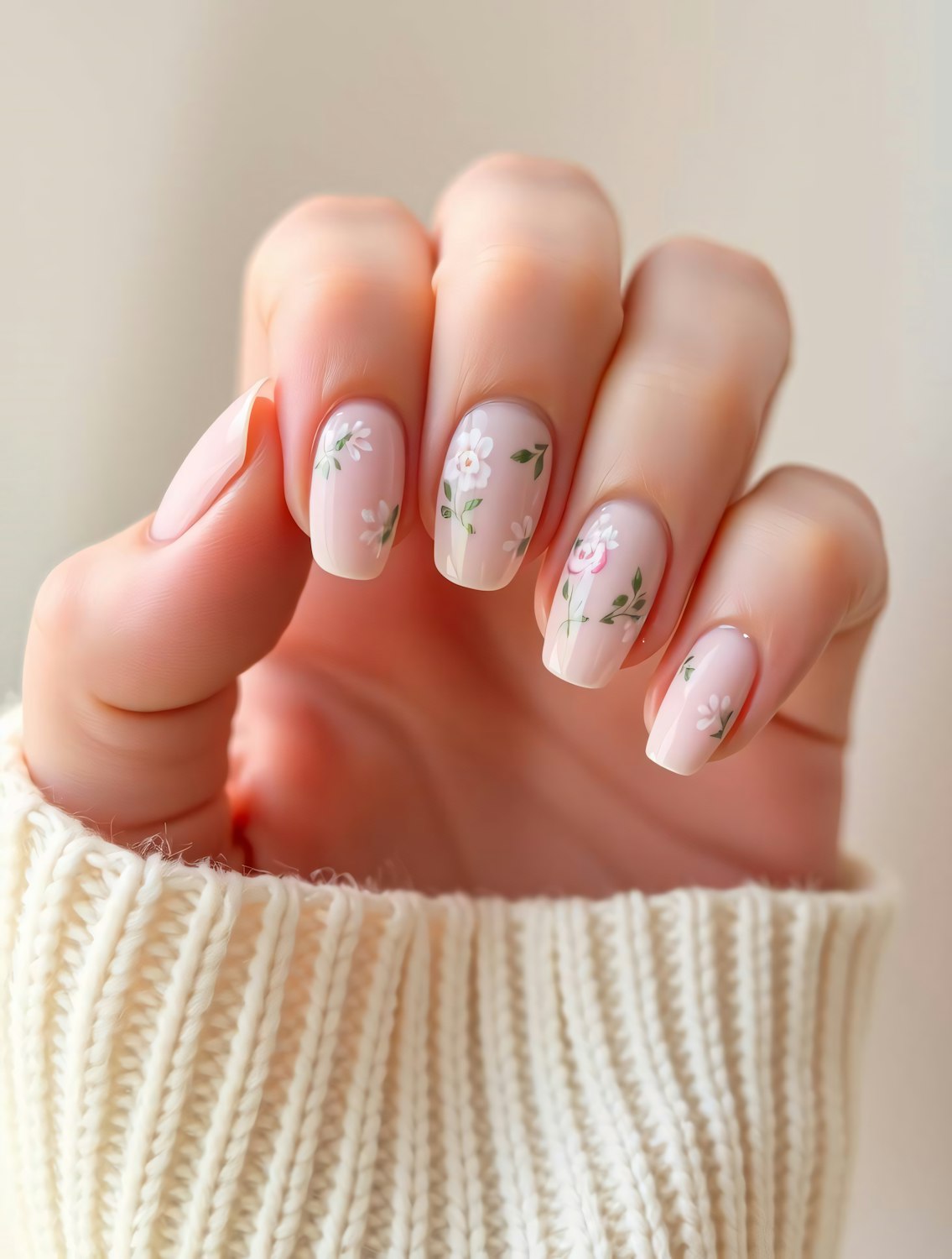Bộ móng hồng pastel với hoạ tiết hoa nhỏ tinh tế